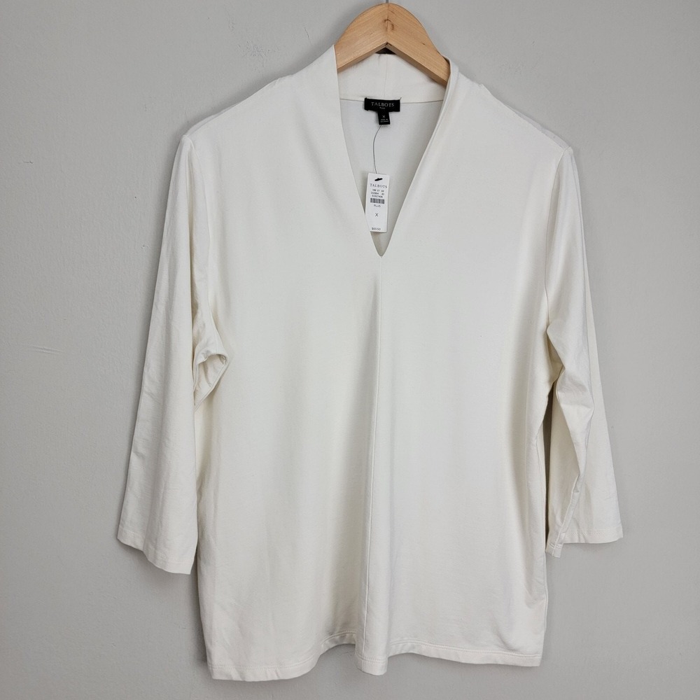 Talbots Classic White/Ivory Tunic V Neck Blouse Size 3/4 Sleeve Plus Size X